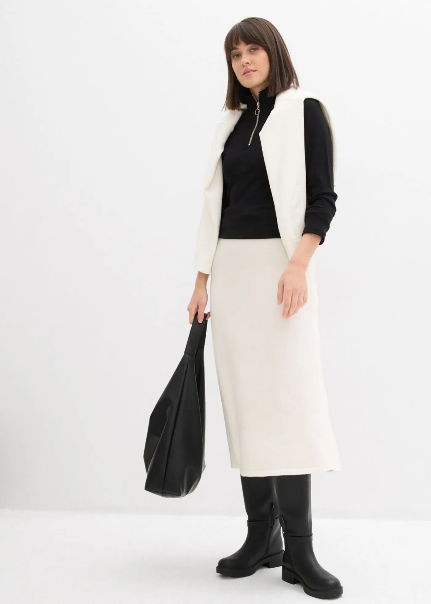 bonprix bonprix Camisetas>Camiseta de canalé de mezcla de viscosa suave Negro