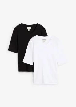 bonprix bonprix Básicos|Camisetas>Camiseta de canalé (2 unidades) Negro-blanco
