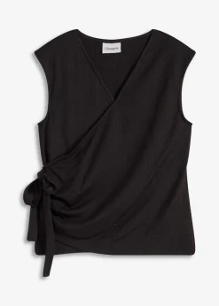 bonprix bonprix Camisetas>Camiseta de crepé de punto con aspecto cruzado Negro