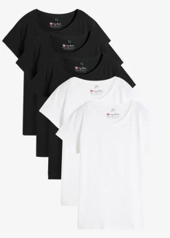 bonprix bonprix Básicos|Camisetas>Camiseta de cuello redondo y manga corta (5 unidades) Negro + negro + negro + blanco + blanco
