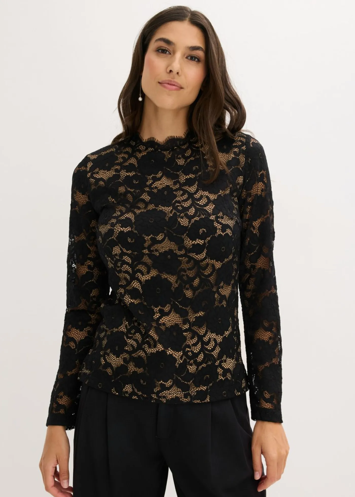 bonprix bonprix Camisetas|Novedades>Camiseta de encaje de manga larga Negro