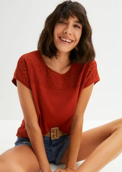 bonprix bonprix Camisetas|Novedades>Camiseta de encaje de viscosa suave rojo carmín