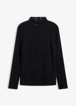 bonprix bonprix Camisetas>Camiseta de encaje y cuello vuelto Negro