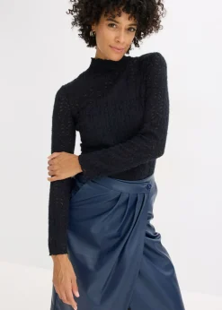 bonprix bonprix Camisetas>Camiseta de encaje y cuello vuelto Negro