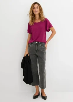 Mujer bonprix bonprix Camiseta de hilo flameado con mangas de murciélago