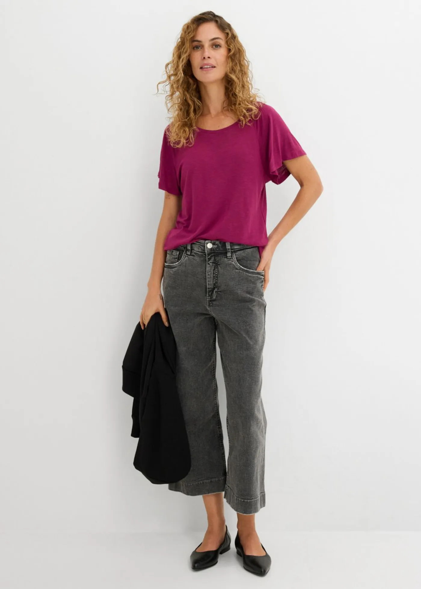 Mujer bonprix bonprix Camiseta de hilo flameado con mangas de murciélago