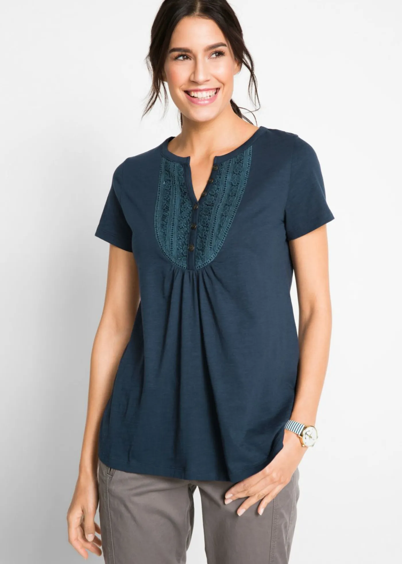 Mujer bonprix bonprix Camiseta de hilo flameado de algodón con manga corta