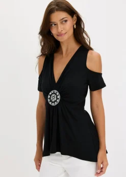 bonprix bonprix Camisetas|Novedades>Camiseta de malla con hombros al descubierto Negro