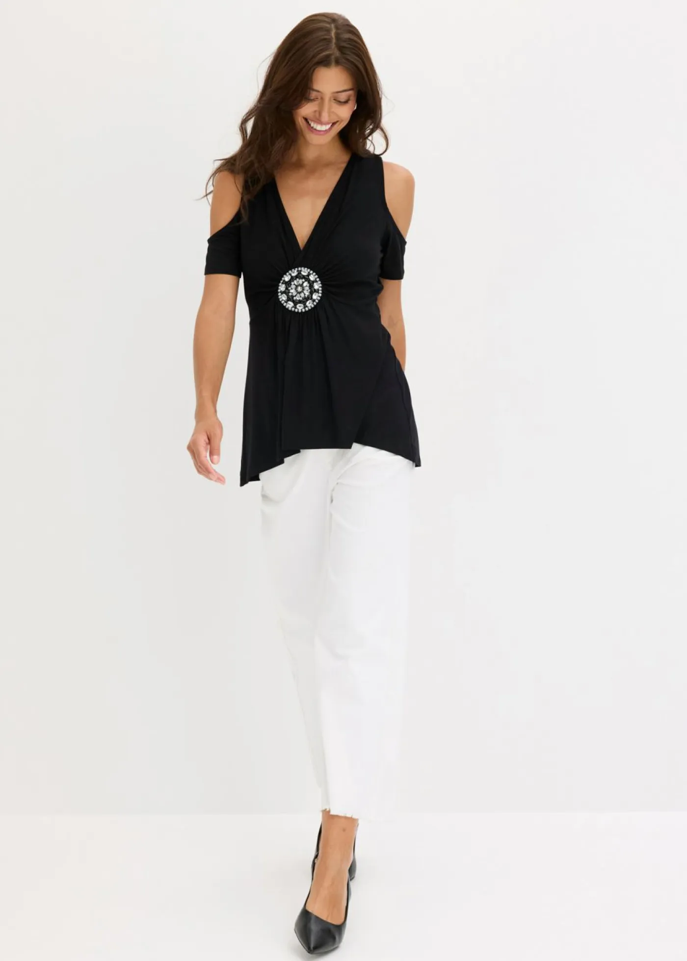 bonprix bonprix Camisetas|Novedades>Camiseta de malla con hombros al descubierto Negro