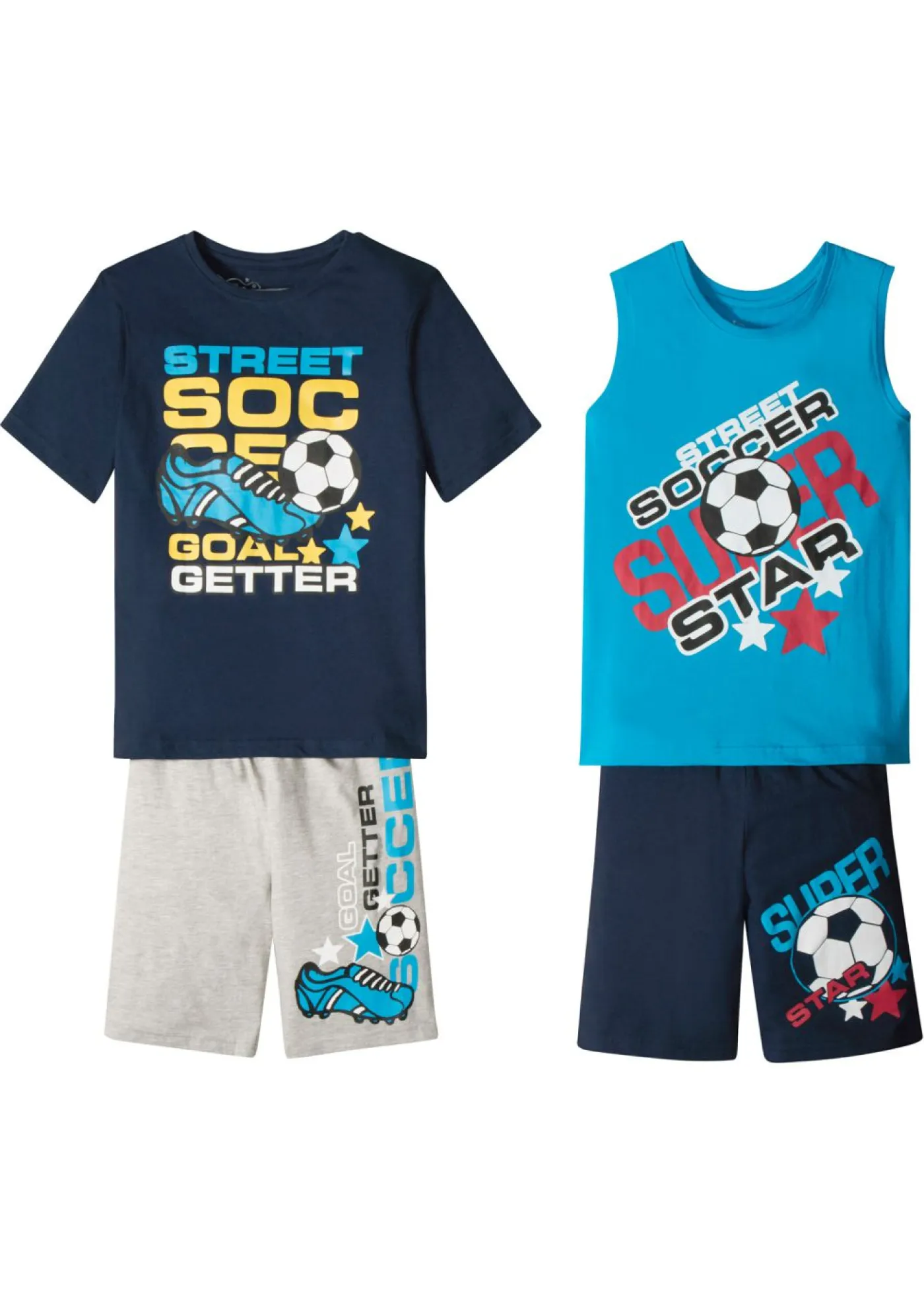 bonprix bonprix Ropa 9 A 16 Años·Camisetas|Ropa 9 A 16 Años·Shorts>Camiseta de manga corta + camiseta sin mangas + bermudas para niño (4 piezas) azul marino / huevo de pato / gris claro moteado