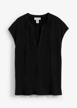 bonprix bonprix Camisetas>Camiseta de manga corta con escote henley de mezcla de viscosa Negro
