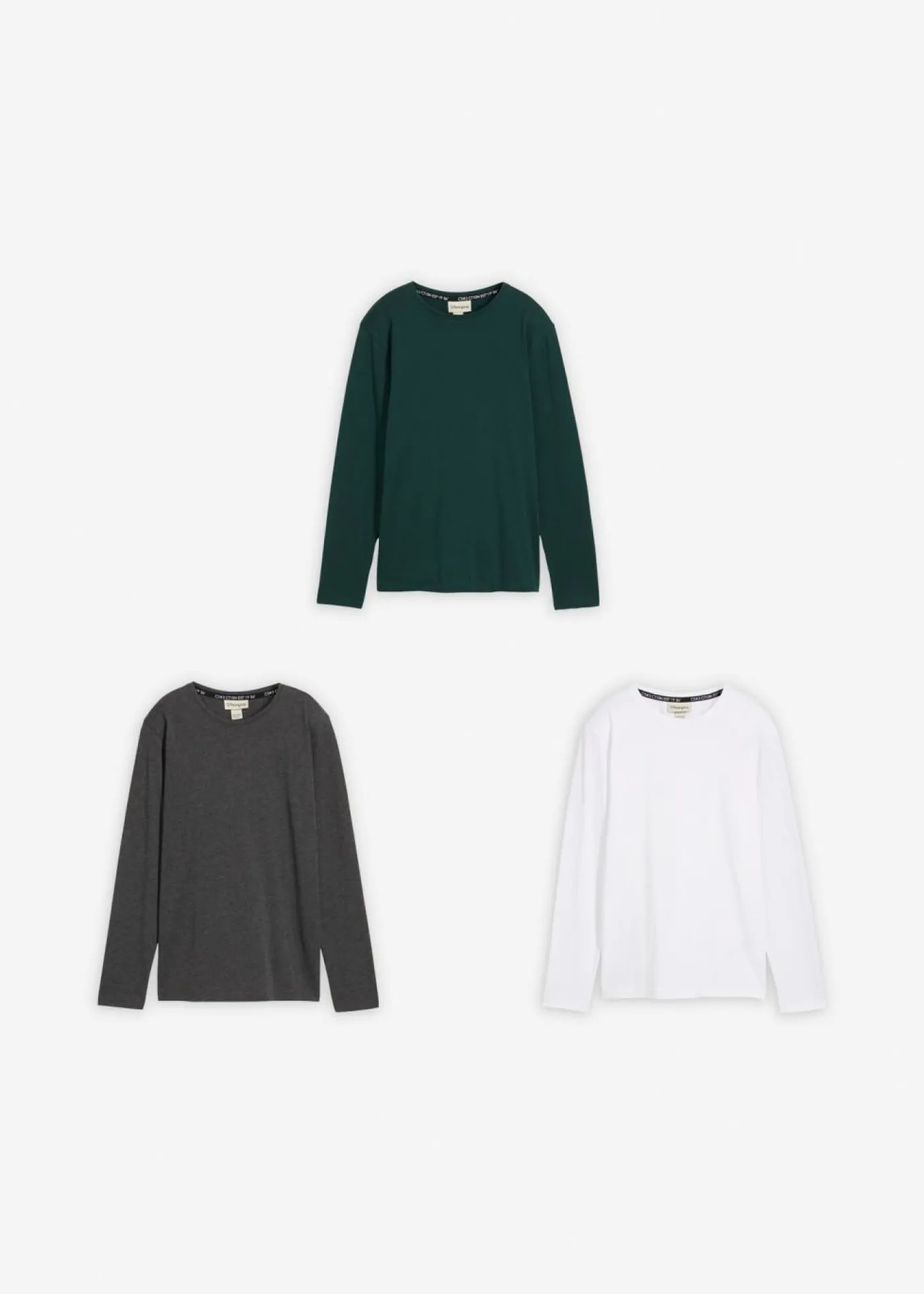 bonprix bonprix Ropa 9 A 16 Años·Camisetas|Ropa 9 A 16 Años·Packs De Ropa>Camiseta de manga larga con algodón orgánico (3 unidades) blanco/verde intenso/antracita jaspeado