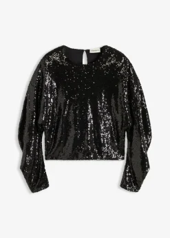 bonprix bonprix Camisetas>Camiseta de manga larga con lentejuelas Negro