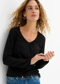 Mujer bonprix bonprix Camiseta de manga larga con elástico de algodón puro