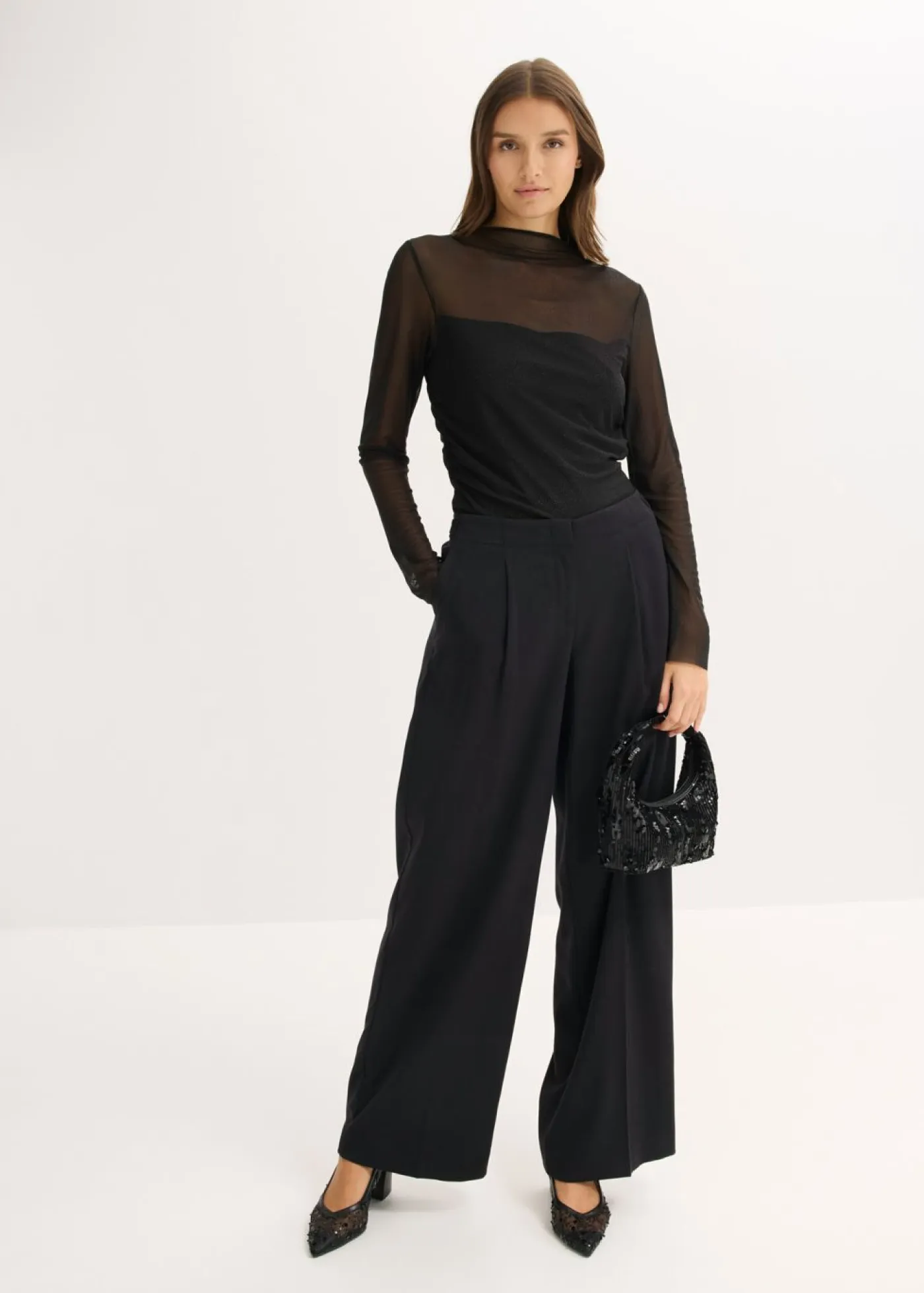 bonprix bonprix Camisetas>Camiseta de manga larga con delicada malla Negro