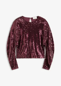 bonprix bonprix Camisetas>Camiseta de manga larga con lentejuelas rojo burdeos