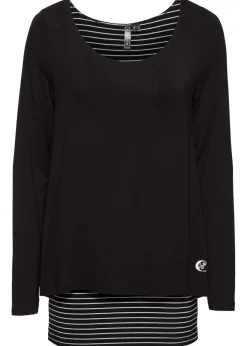 bonprix bonprix Camisetas>Camiseta de manga larga con doble capa Negro-blanco de rayas horizontales