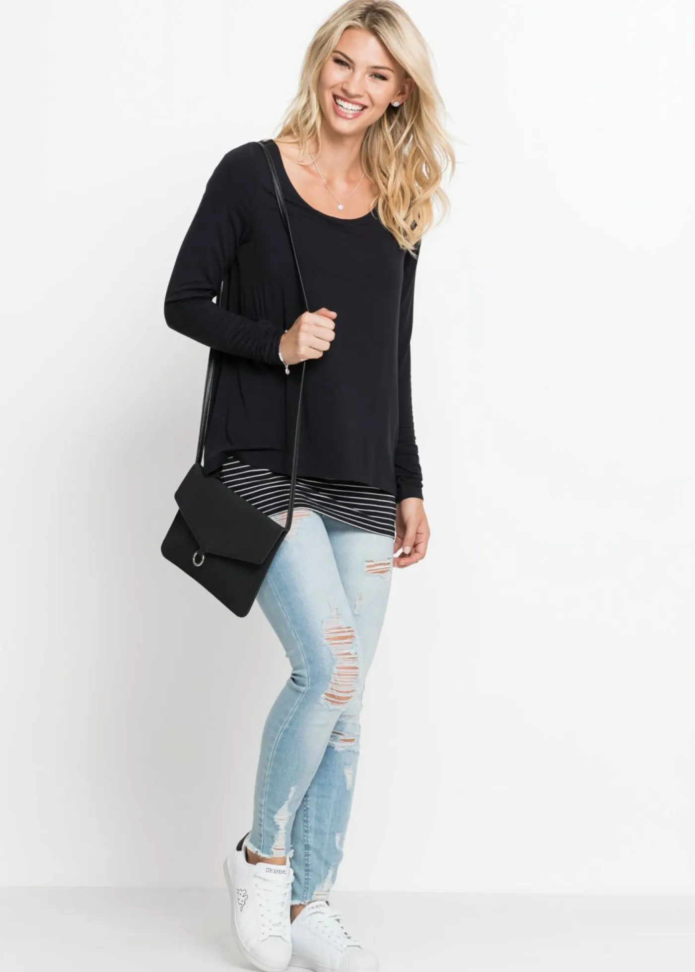 bonprix bonprix Camisetas>Camiseta de manga larga con doble capa Negro-blanco de rayas horizontales