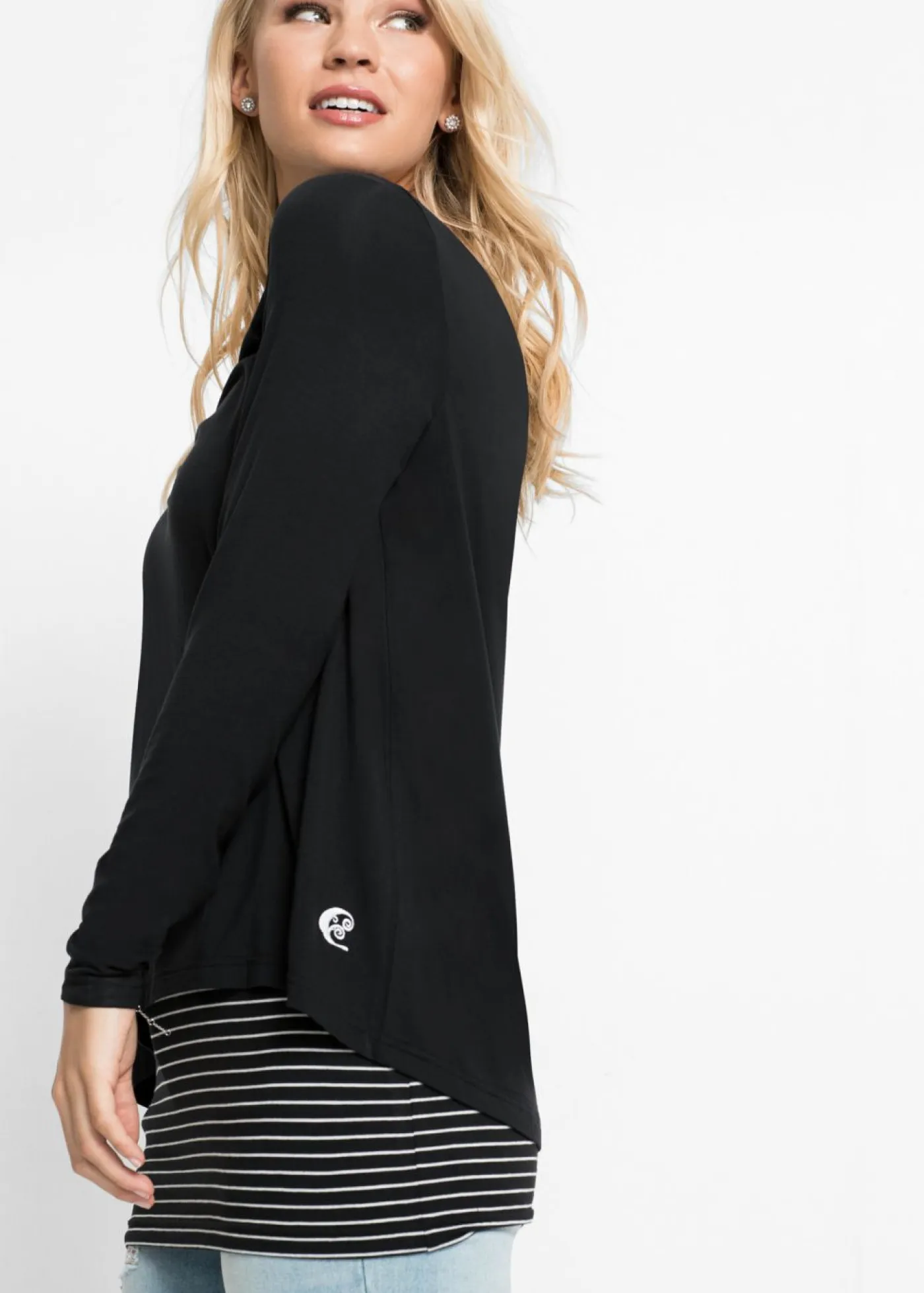 bonprix bonprix Camisetas>Camiseta de manga larga con doble capa Negro-blanco de rayas horizontales