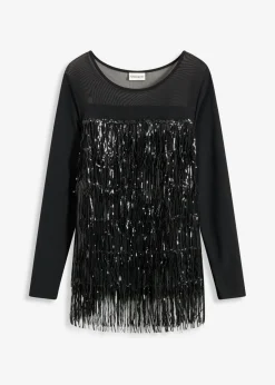 bonprix bonprix Camisetas>Camiseta de manga larga con flecos de lentejuelas Negro
