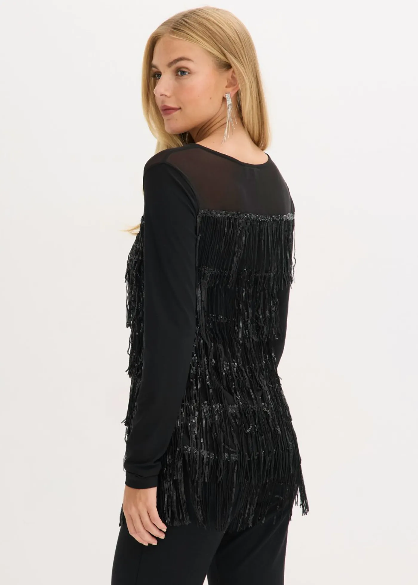 bonprix bonprix Camisetas>Camiseta de manga larga con flecos de lentejuelas Negro