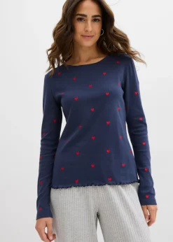 bonprix bonprix Camisetas>Camiseta de manga larga de algodón puro Azul marino-fresa estampado