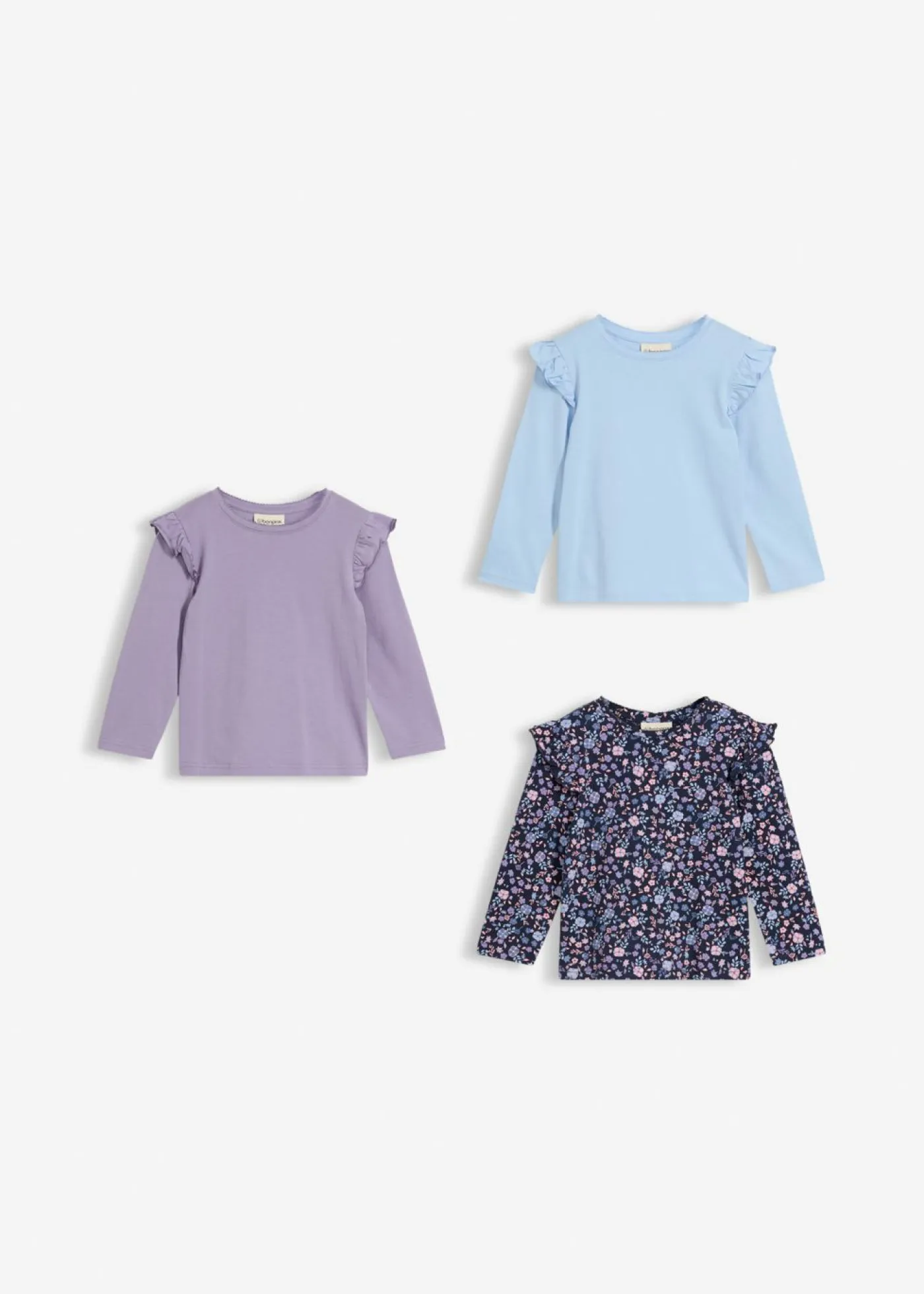 bonprix bonprix Ropa 2 A 9 Años·Camisetas|Ropa 2 A 9 Años·Multipack>Camiseta de manga larga de algodón orgánico puro (3 unidades) Azul marino + violeta ahumado + azul claro de flores