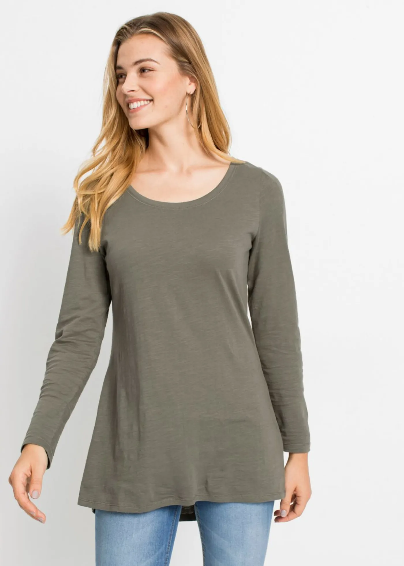 bonprix bonprix Camisetas>Camiseta de manga larga de algodón puro Verde oliva