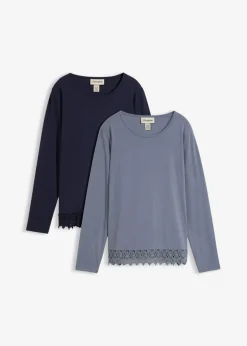 bonprix bonprix Camisetas|Novedades>Camiseta de manga larga de algodón puro (2 unidades) azul ahumado-azul marino