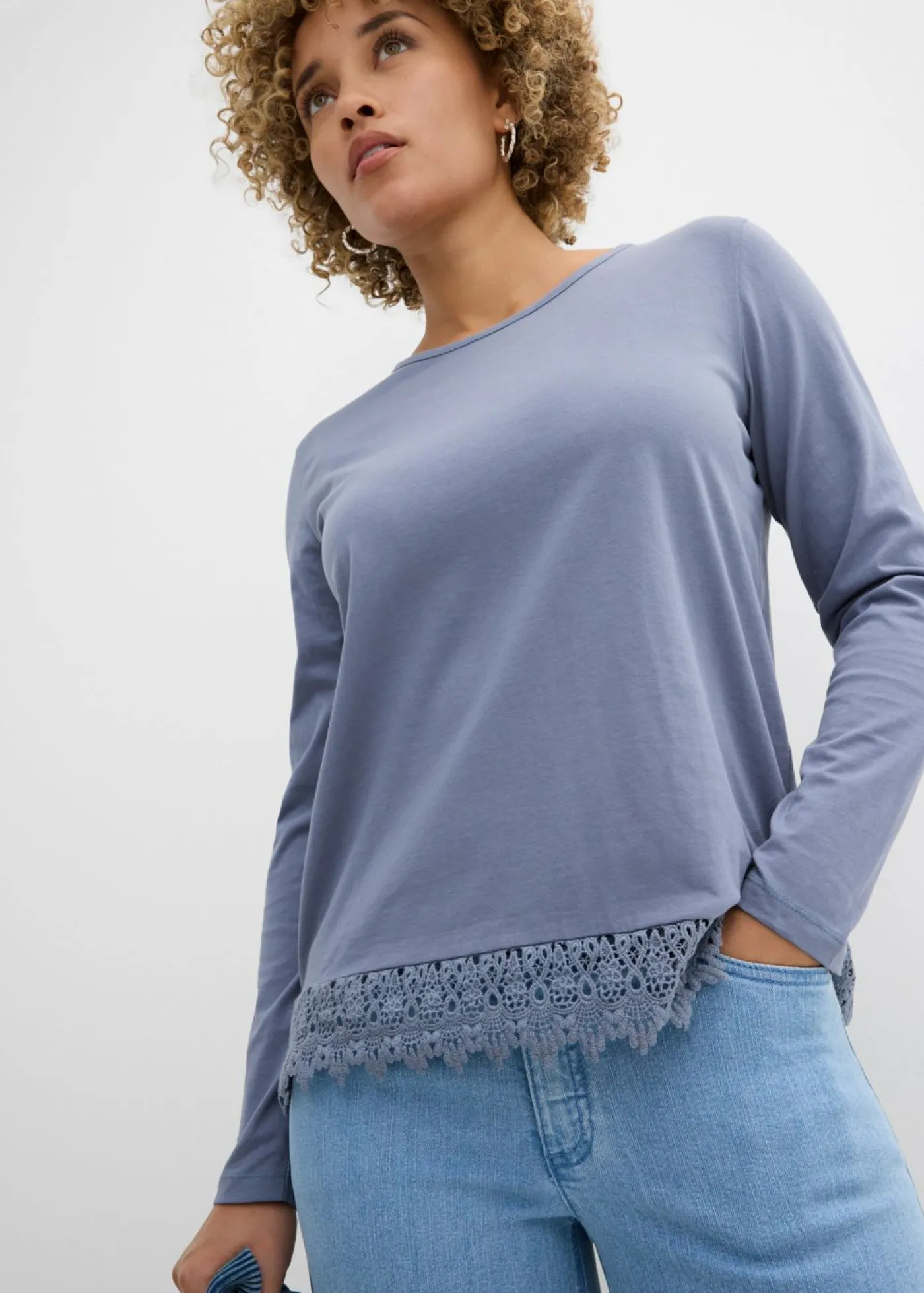 bonprix bonprix Camisetas|Novedades>Camiseta de manga larga de algodón puro (2 unidades) azul ahumado-azul marino