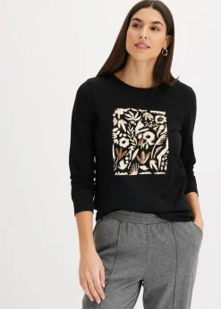 bonprix bonprix Camisetas>Camiseta de manga larga de algodón orgánico cereza/oro metalizado/negro