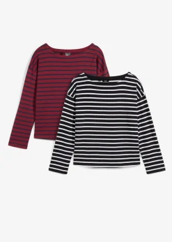 bonprix bonprix Básicos|Camisetas>Camiseta de manga larga de algodón orgánico puro (2 unidades) Rojo rubí/azul marino de rayas + negro/blanco de rayas