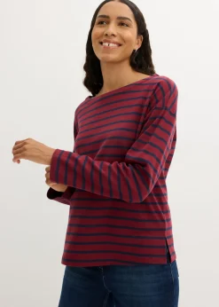 bonprix bonprix Básicos|Camisetas>Camiseta de manga larga de algodón orgánico puro (2 unidades) Rojo rubí/azul marino de rayas + negro/blanco de rayas