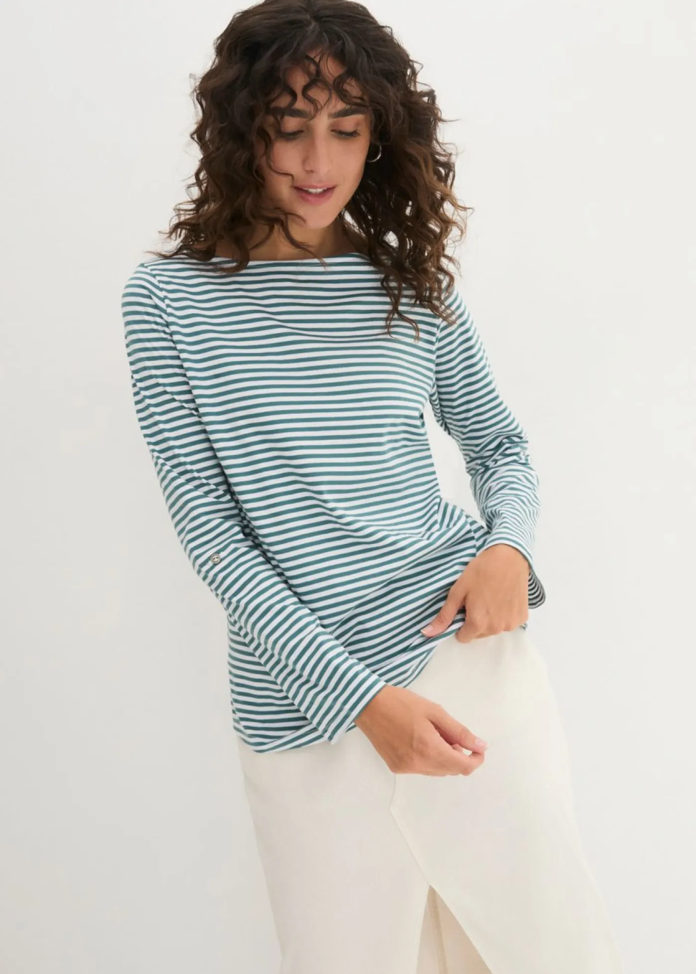 bonprix bonprix Camisetas|Novedades>Camiseta de manga larga de algodón puro Verde-Blanco de rayas