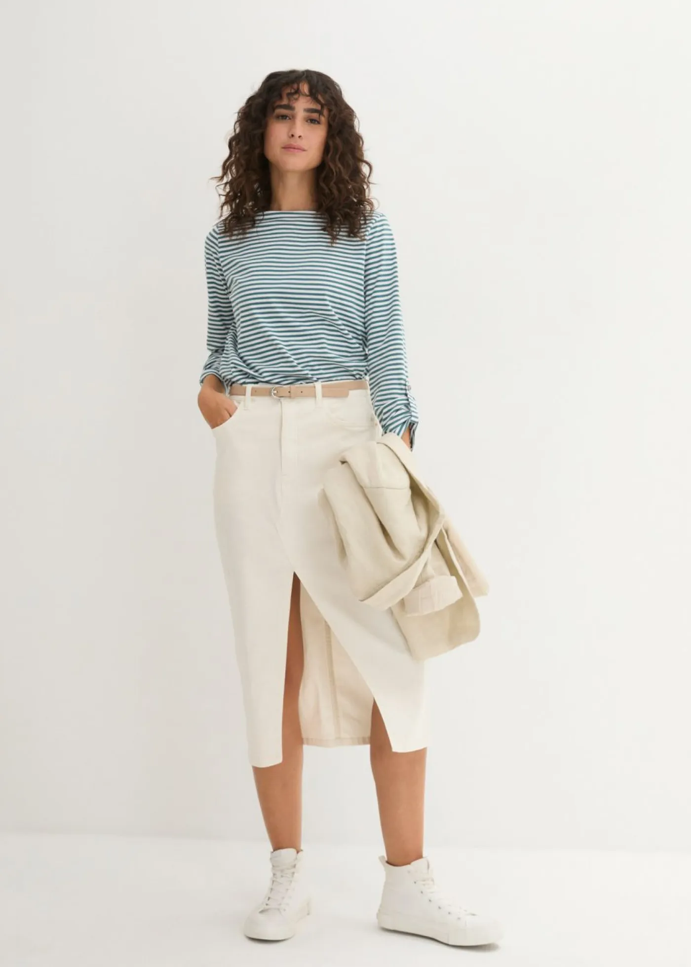 bonprix bonprix Camisetas|Novedades>Camiseta de manga larga de algodón puro Verde-Blanco de rayas