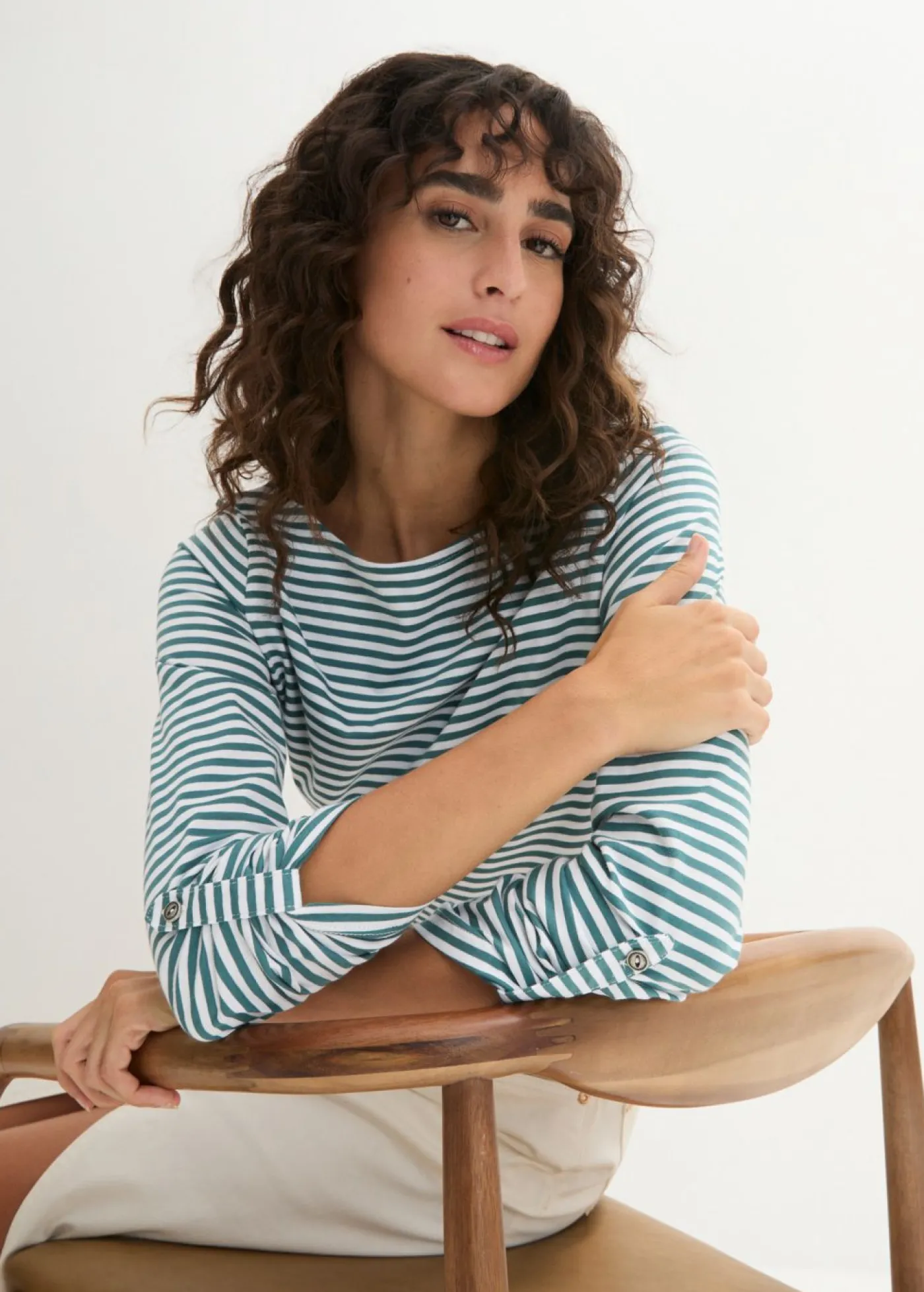 bonprix bonprix Camisetas|Novedades>Camiseta de manga larga de algodón puro Verde-Blanco de rayas