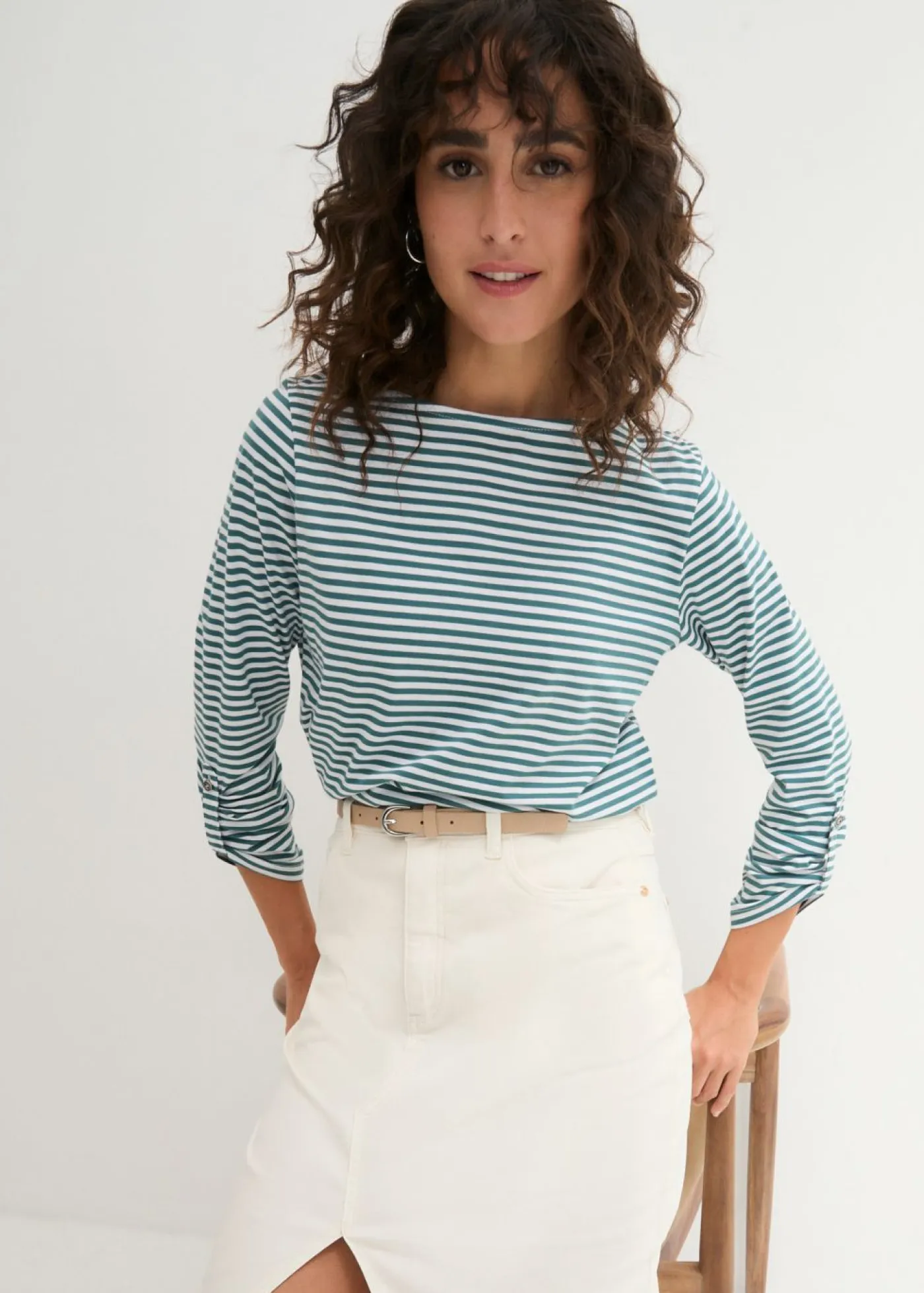 bonprix bonprix Camisetas|Novedades>Camiseta de manga larga de algodón puro Verde-Blanco de rayas