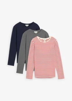 bonprix bonprix Ropa 9 A 16 Años·Camisetas Y Camisas|Ropa 9 A 16 Años·Packs De Ropa>Camiseta de manga larga de algodón orgánico puro (3 unidades) fresa+azul marino+gris jaspeado+blanco lana
