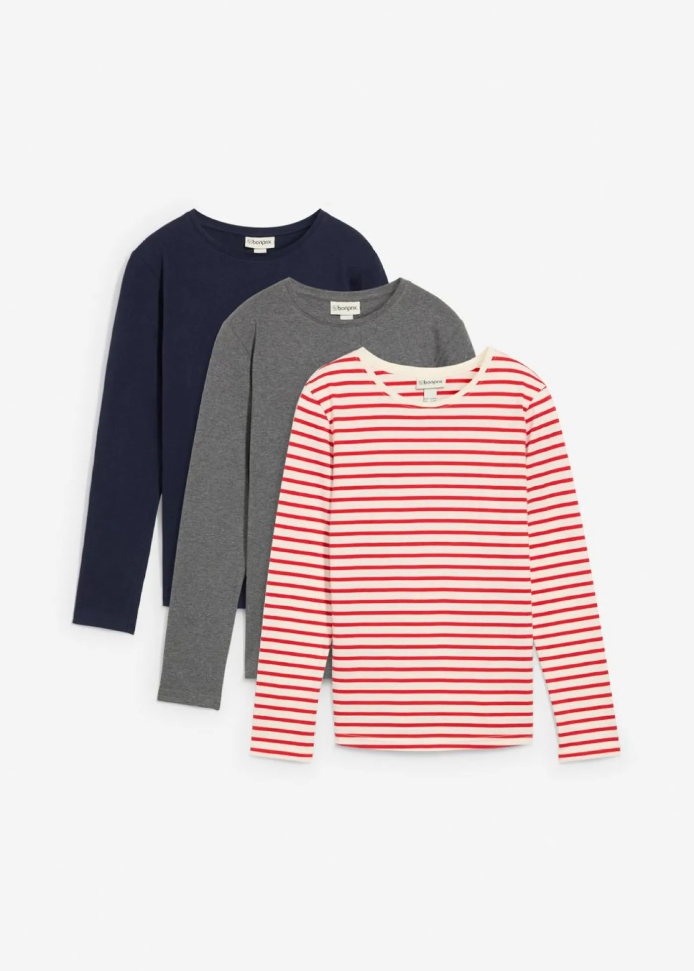 bonprix bonprix Ropa 9 A 16 Años·Camisetas Y Camisas|Ropa 9 A 16 Años·Packs De Ropa>Camiseta de manga larga de algodón orgánico puro (3 unidades) fresa+azul marino+gris jaspeado+blanco lana