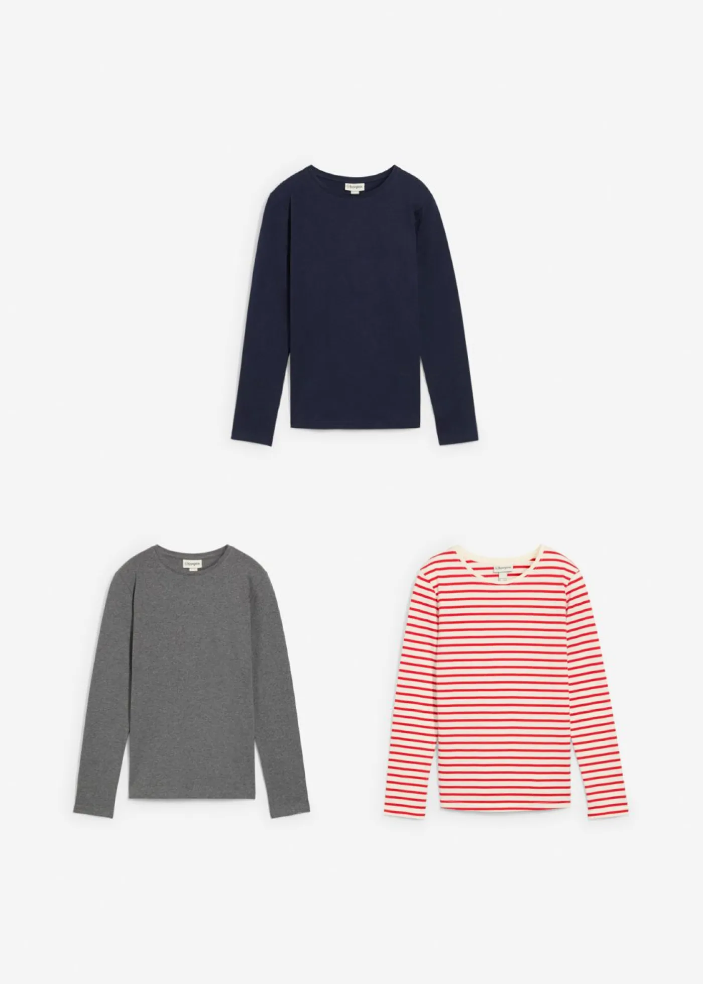 bonprix bonprix Ropa 9 A 16 Años·Camisetas Y Camisas|Ropa 9 A 16 Años·Packs De Ropa>Camiseta de manga larga de algodón orgánico puro (3 unidades) fresa+azul marino+gris jaspeado+blanco lana