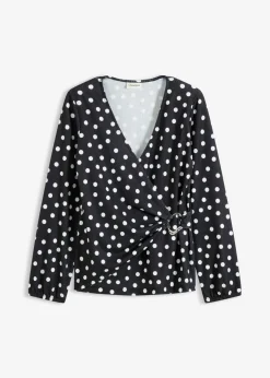 bonprix bonprix Camisetas>Camiseta de manga larga de punto estructurado negro - blanco topos