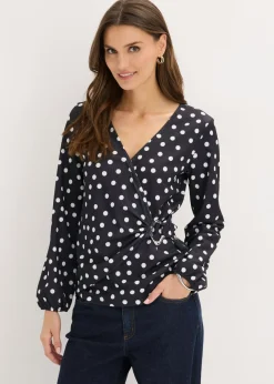 bonprix bonprix Camisetas>Camiseta de manga larga de punto estructurado negro - blanco topos