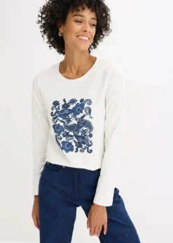 Mujer bonprix bonprix Camiseta de manga larga de algodón orgánico con estampado decorativo