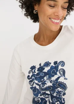 Mujer bonprix bonprix Camiseta de manga larga de algodón orgánico con estampado decorativo