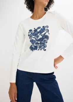 Mujer bonprix bonprix Camiseta de manga larga de algodón orgánico con estampado decorativo