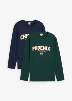 bonprix bonprix Camisetas Y Polos>Camiseta de manga larga de algodón orgánico puro (2 unidades) azul marino+verde intenso estampado