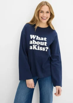 bonprix bonprix Camisetas>Camiseta de manga larga de algodón pesado Azul marino + blanco lana