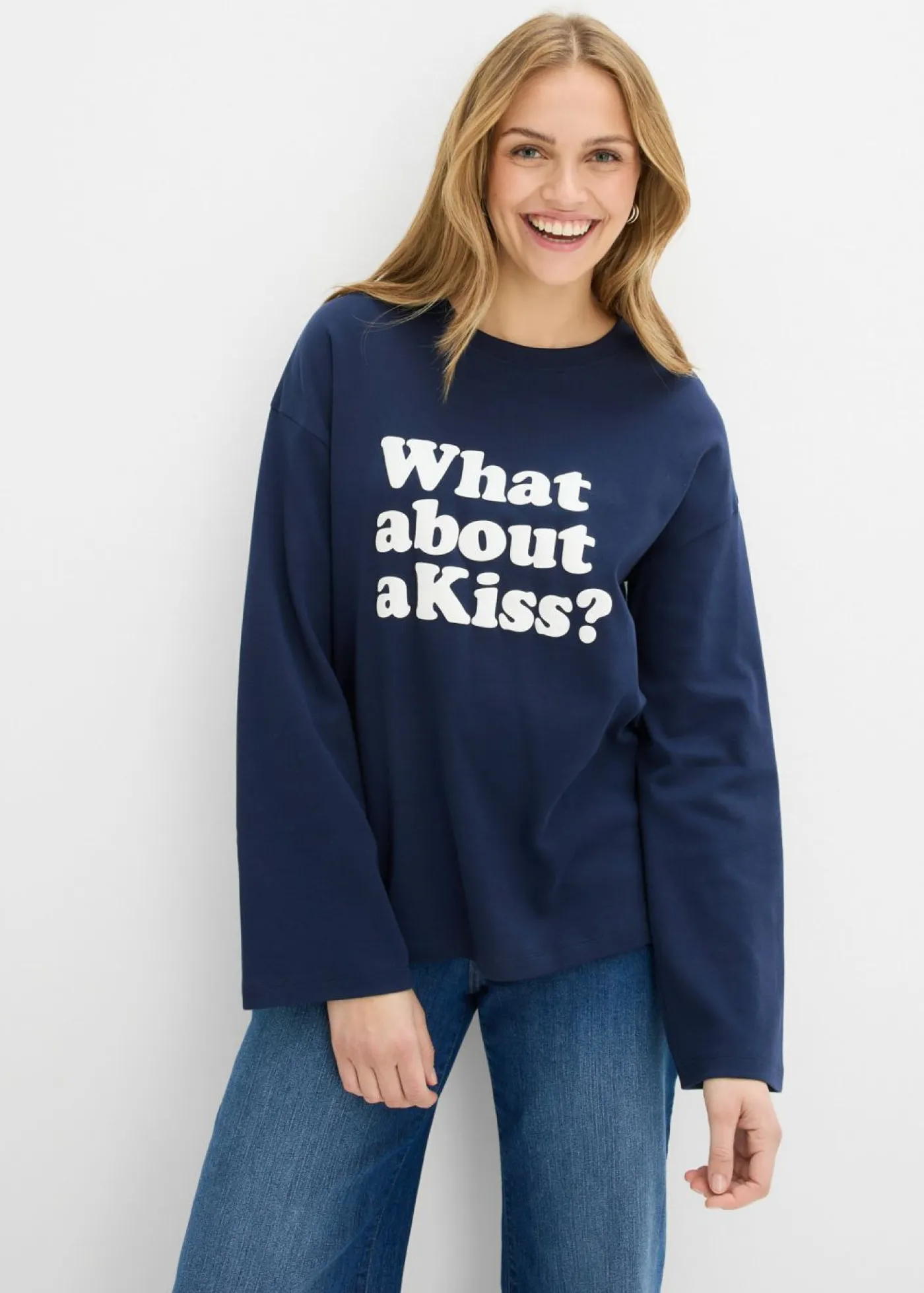 bonprix bonprix Camisetas>Camiseta de manga larga de algodón pesado Azul marino + blanco lana