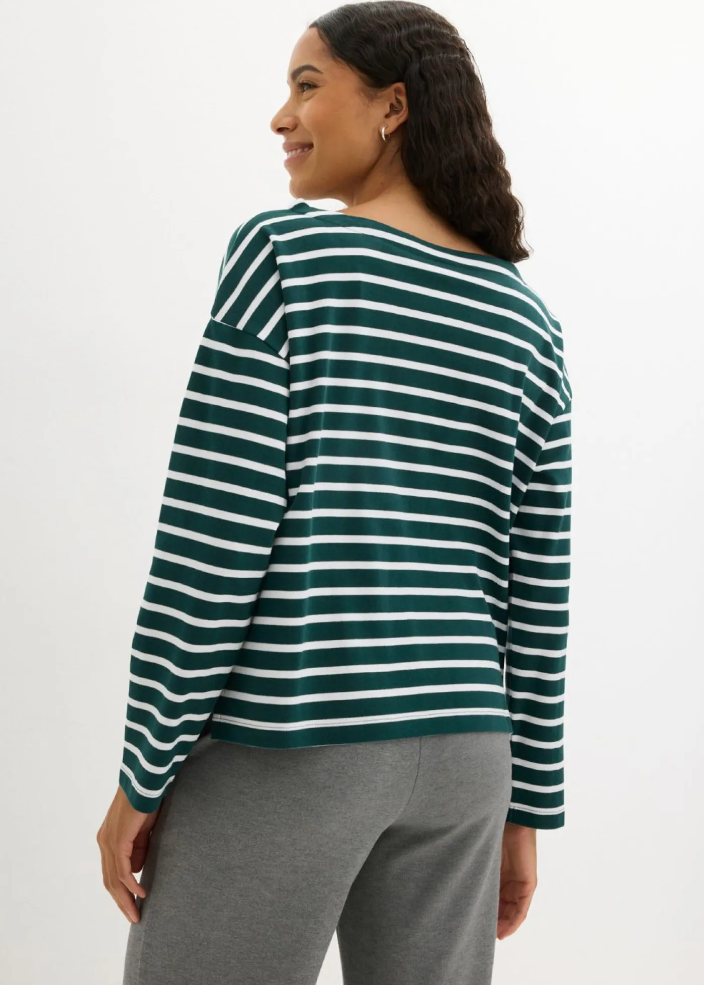 bonprix bonprix Básicos|Camisetas>Camiseta de manga larga de algodón orgánico puro (2 unidades) Verde intenso/blanco de rayas + negro/blanco de rayas