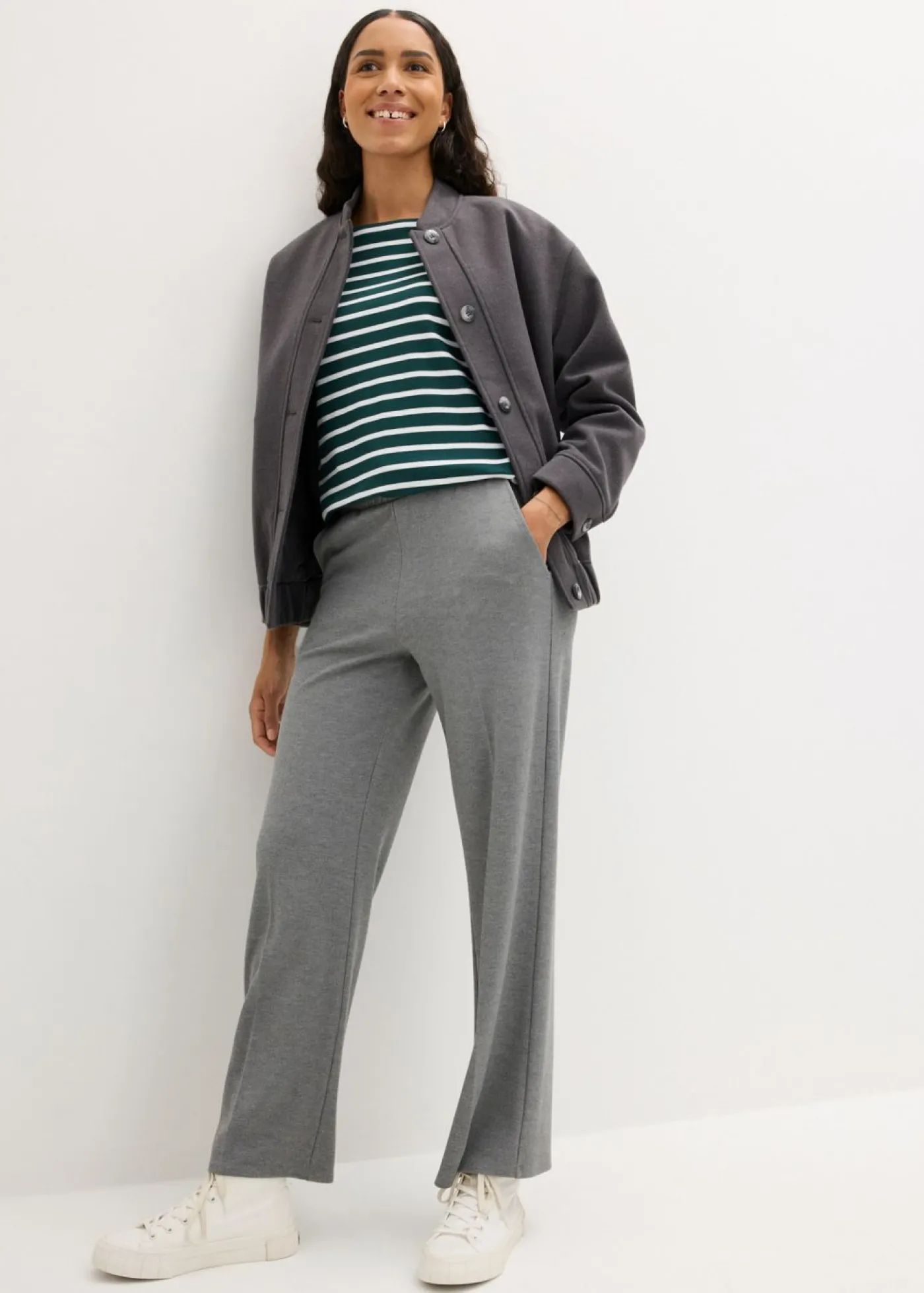 bonprix bonprix Básicos|Camisetas>Camiseta de manga larga de algodón orgánico puro (2 unidades) Verde intenso/blanco de rayas + negro/blanco de rayas